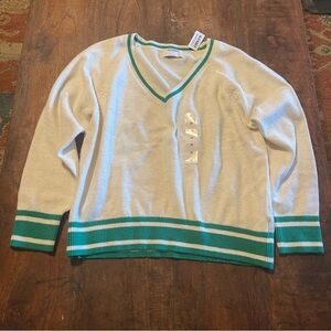 Old Navy Womens White V-Neck Sweater Long Sleeve White and Green Knit Cotton